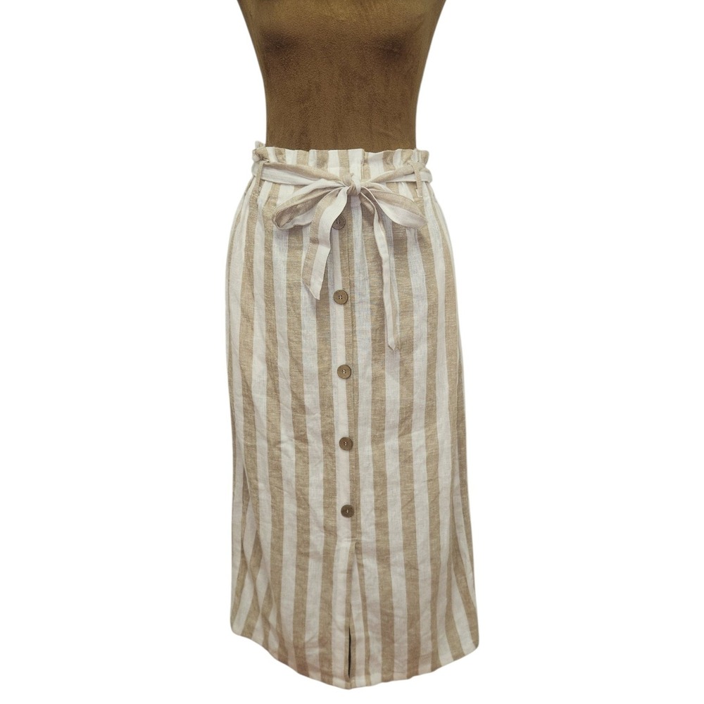 Love Tree Linen Blend Striped Midi Skirt Tan White Paperbag Waist Button Front M